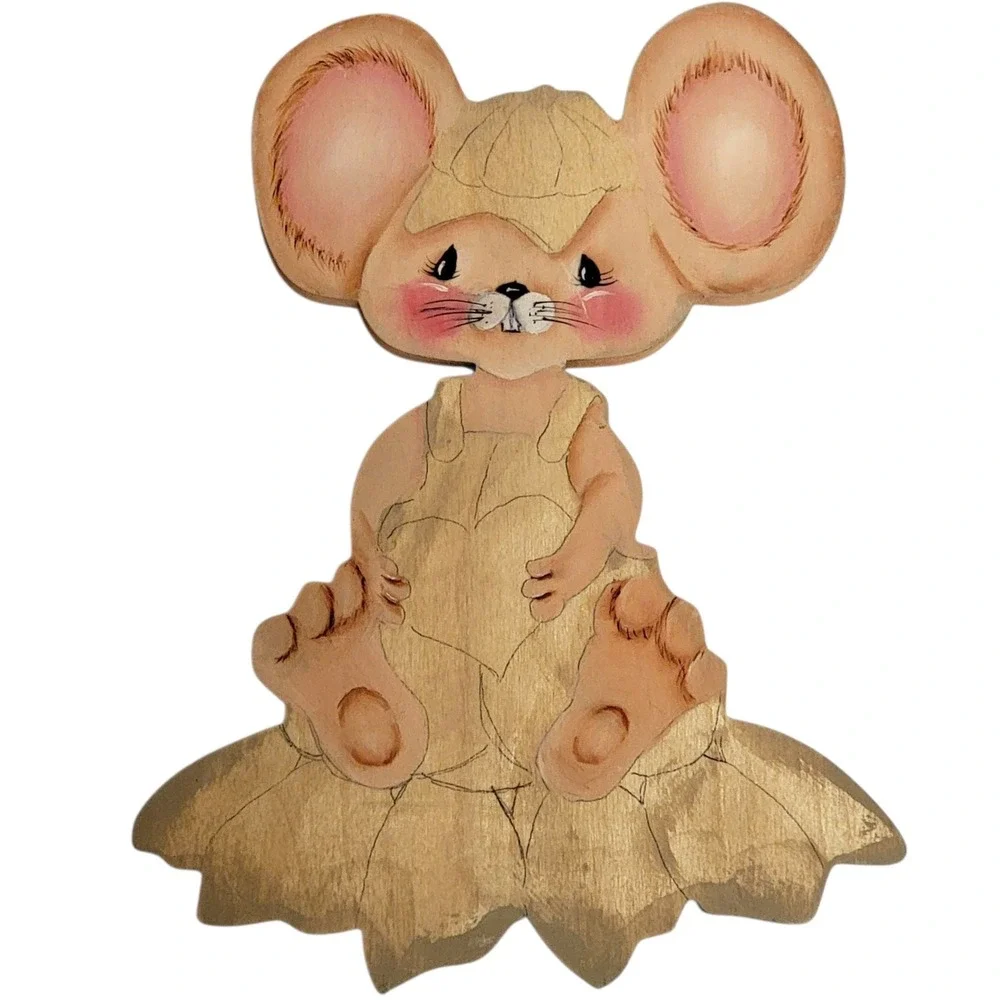 VTG 70s Mouse Sunflower Wall Art Shelf Sitter Wooden Handpainted Nursery Decor‎